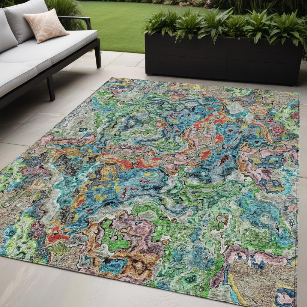 5 X 8 Orange And Teal Blue Abstract Washable Indoor Outdoor Area Rug