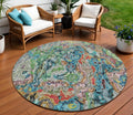 8 Orange And Teal Blue Round Abstract Washable Indoor Outdoor Area Rug