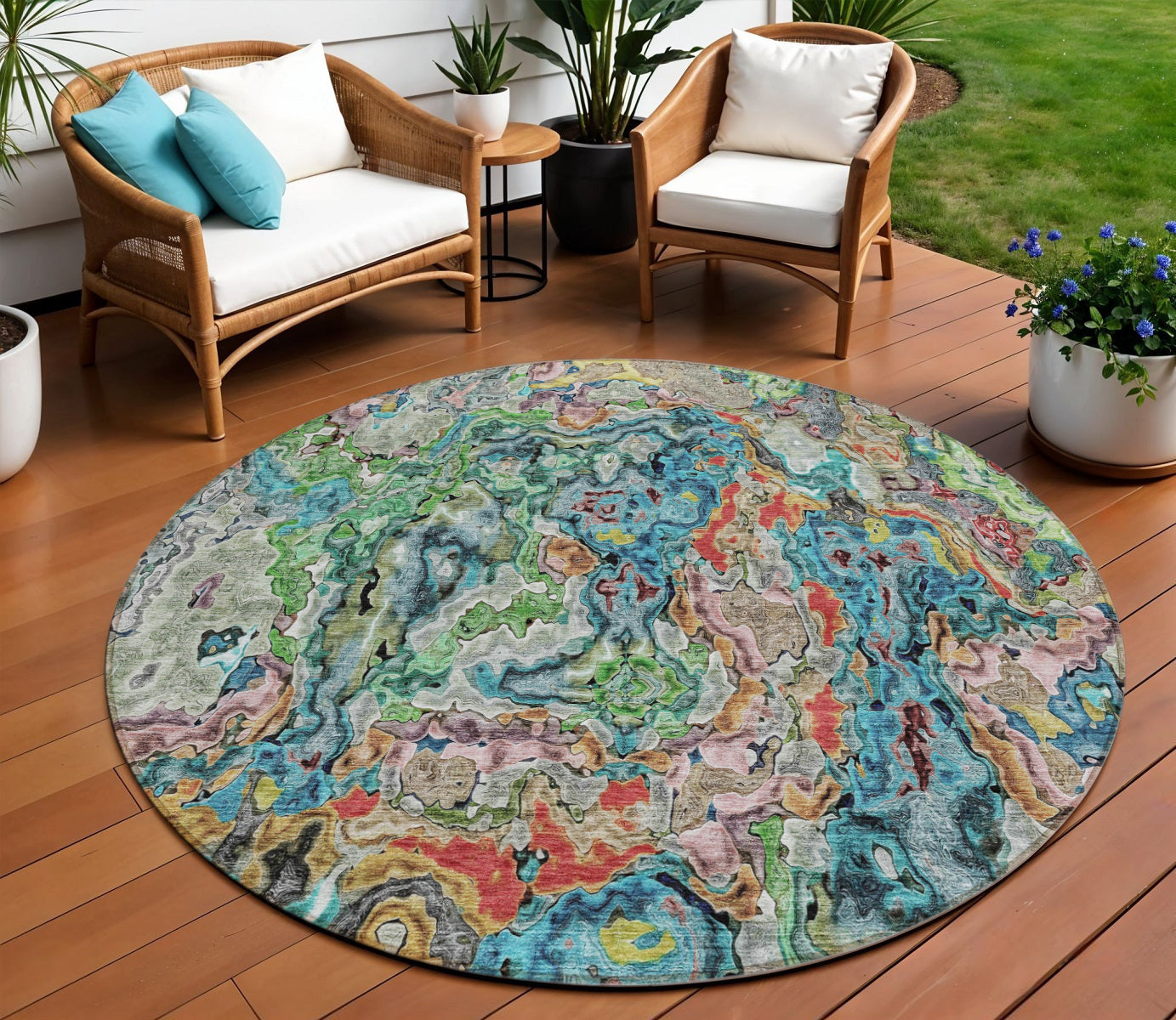 8 Orange And Teal Blue Round Abstract Washable Indoor Outdoor Area Rug