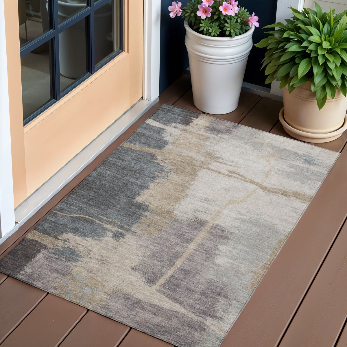 3 X 5 Gray Charcoal And Beige Abstract Washable Indoor Outdoor Area Rug