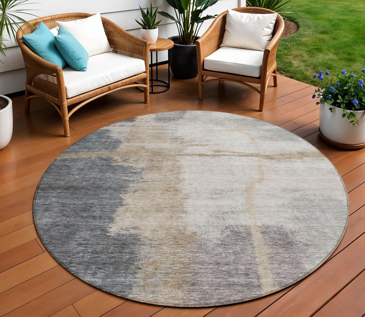 8 Gray Charcoal And Beige Round Abstract Washable Indoor Outdoor Area Rug