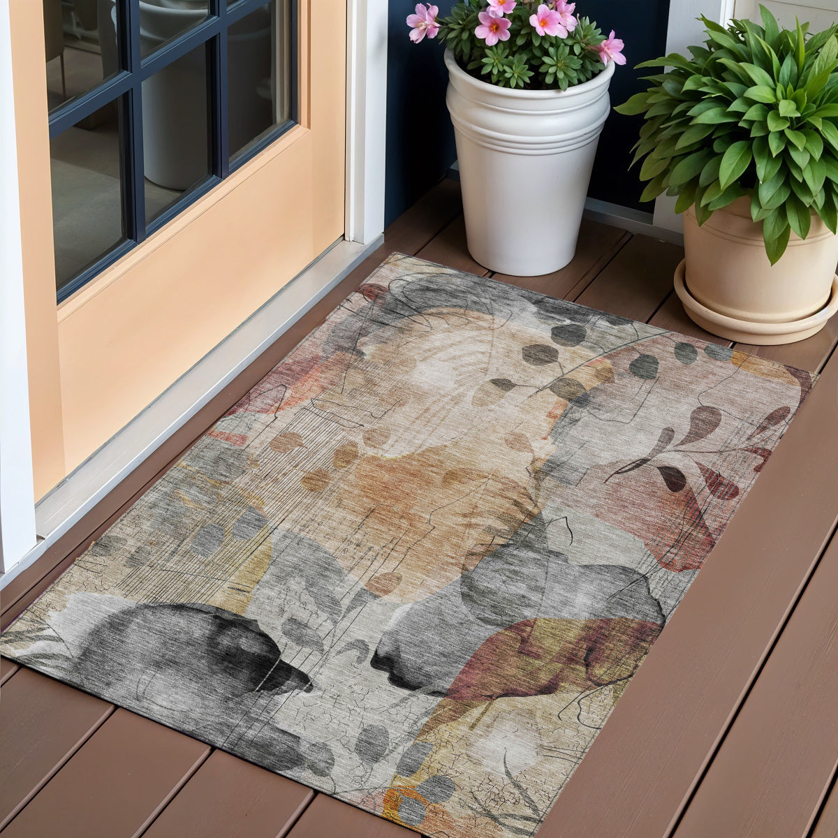 3 X 5 Terra Cotta Copper And Beige Floral Washable Indoor Outdoor Area Rug