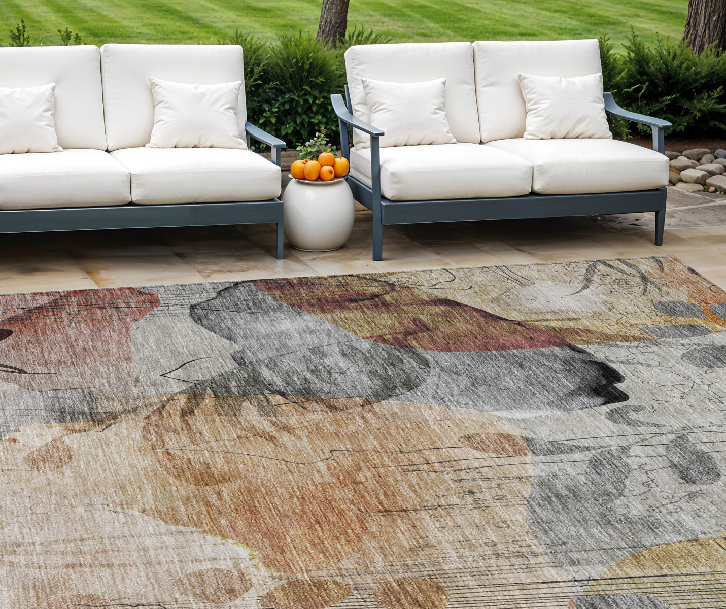 9 X 12 Terra Cotta Copper And Beige Floral Washable Indoor Outdoor Area Rug