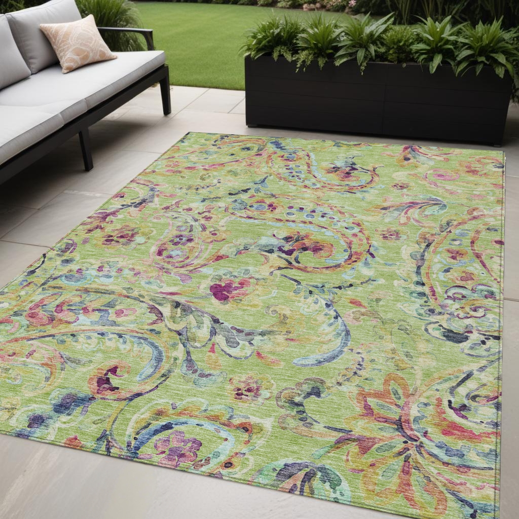 5 X 8 Artichoke Green And Pink Paisley Washable Indoor Outdoor Area Rug
