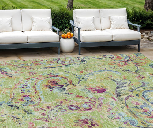 10 X 14 Artichoke Green And Pink Paisley Washable Indoor Outdoor Area Rug