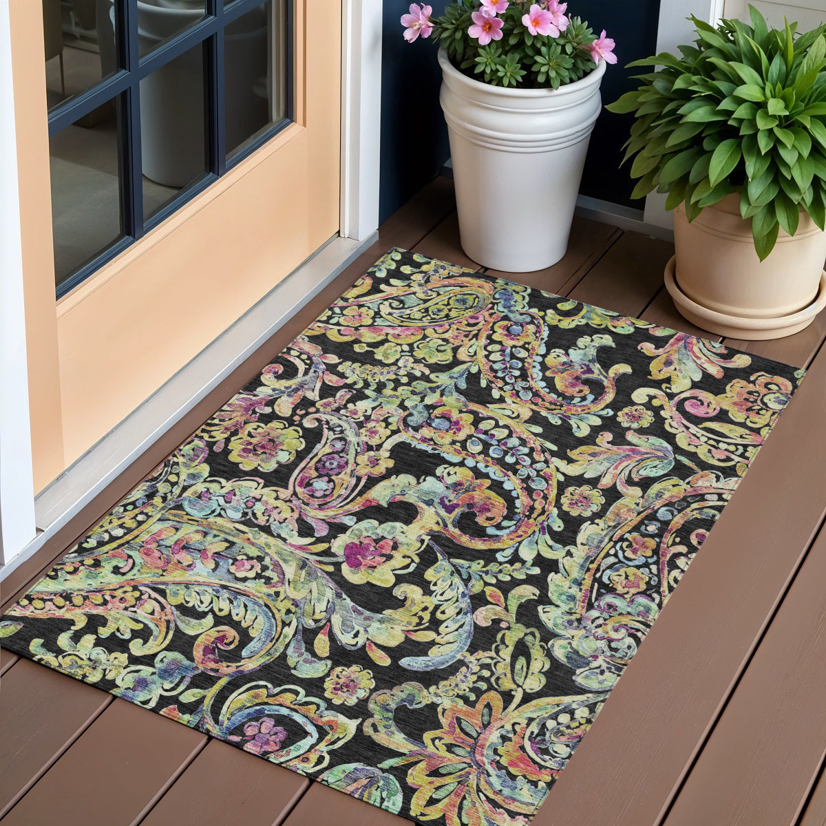 3 X 5 Black And Artichoke Green Paisley Washable Indoor Outdoor Area Rug