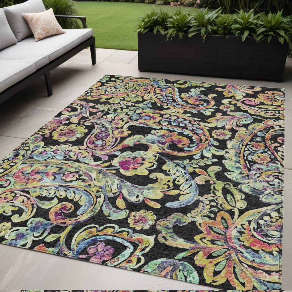 5 X 8 Black And Artichoke Green Paisley Washable Indoor Outdoor Area Rug