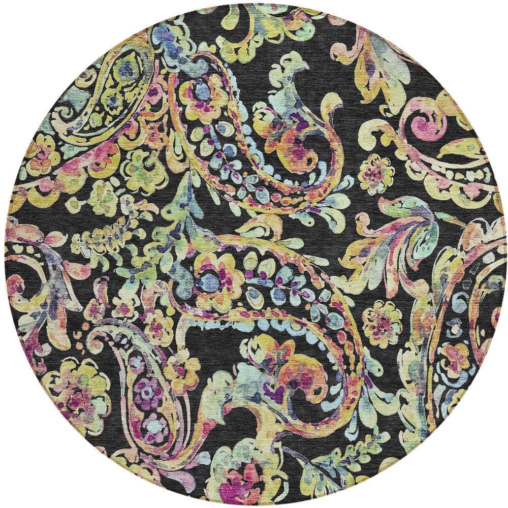 8 Black And Artichoke Green Round Paisley Washable Indoor Outdoor Area Rug