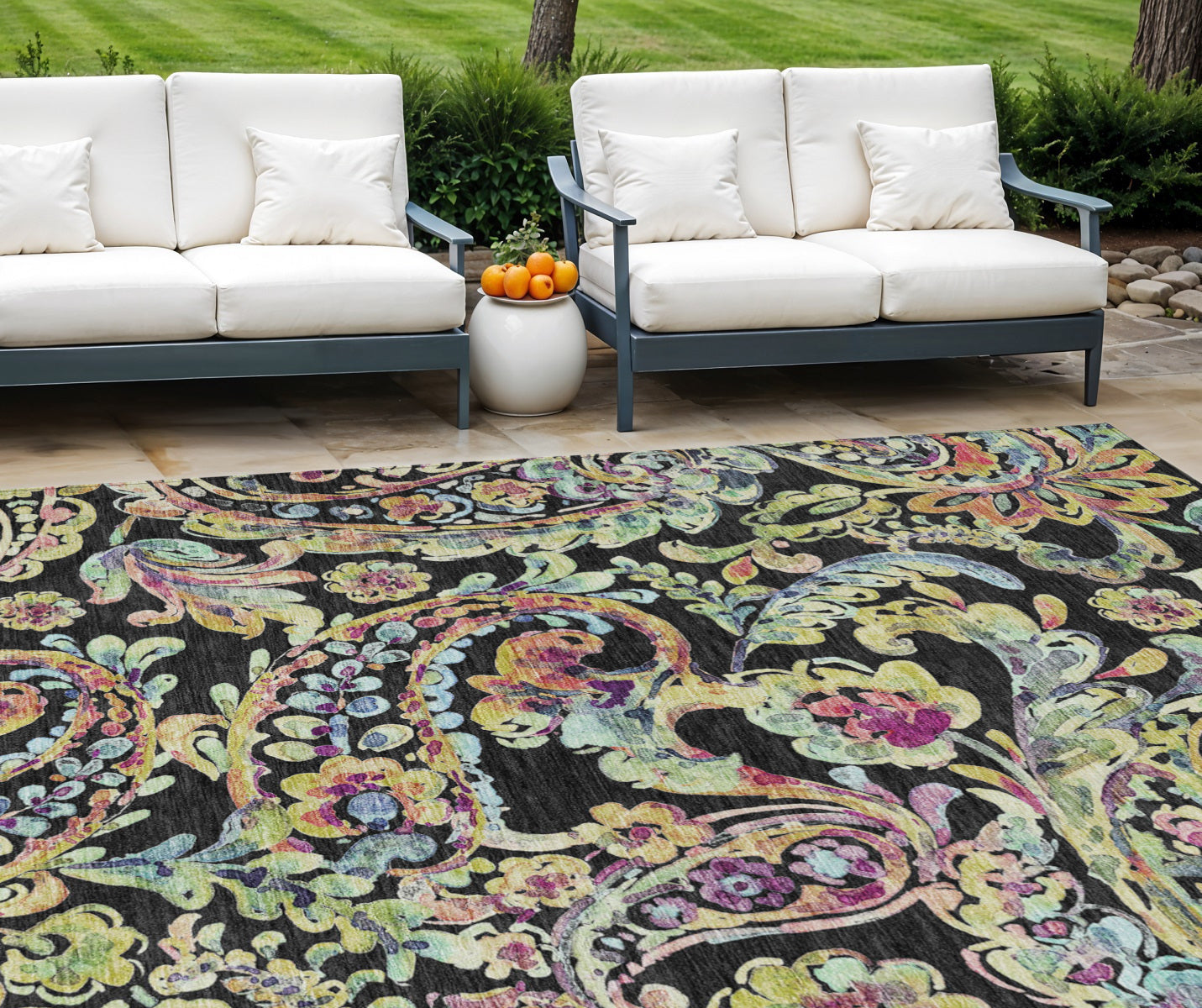 8 X 10 Black And Artichoke Green Paisley Washable Indoor Outdoor Area Rug