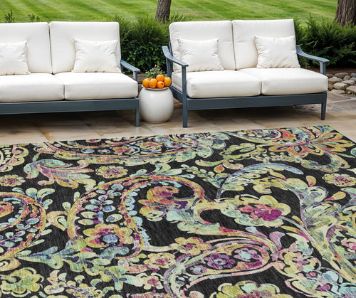 10 X 14 Black And Artichoke Green Paisley Washable Indoor Outdoor Area Rug