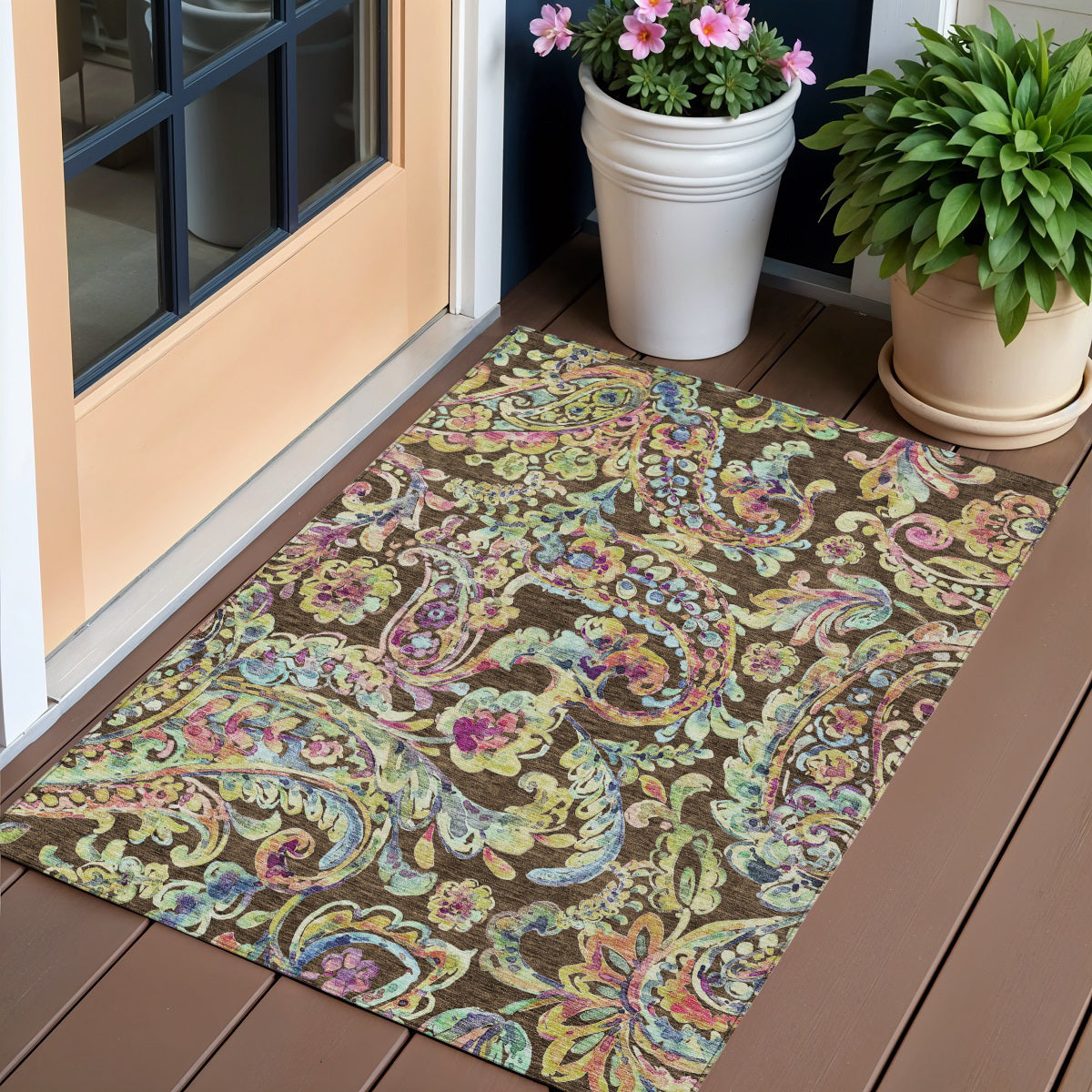 3 X 5 Chocolate And Artichoke Green Paisley Washable Indoor Outdoor Area Rug
