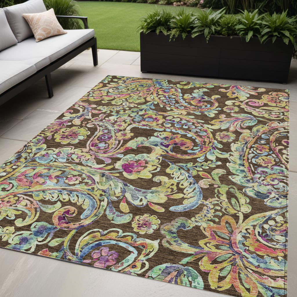 5 X 8 Chocolate And Artichoke Green Paisley Washable Indoor Outdoor Area Rug