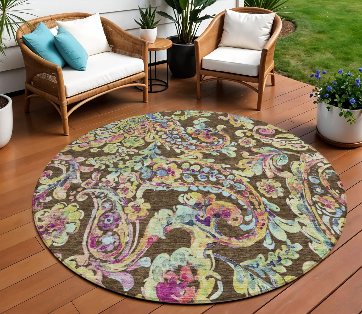8 Chocolate And Artichoke Green Round Paisley Washable Indoor Outdoor Area Rug