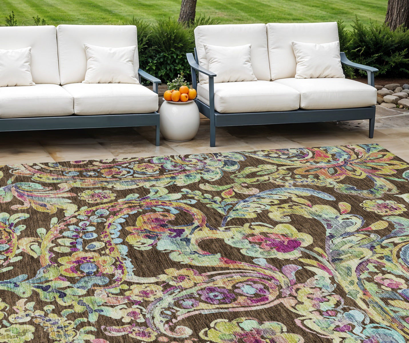8 X 10 Chocolate And Artichoke Green Paisley Washable Indoor Outdoor Area Rug