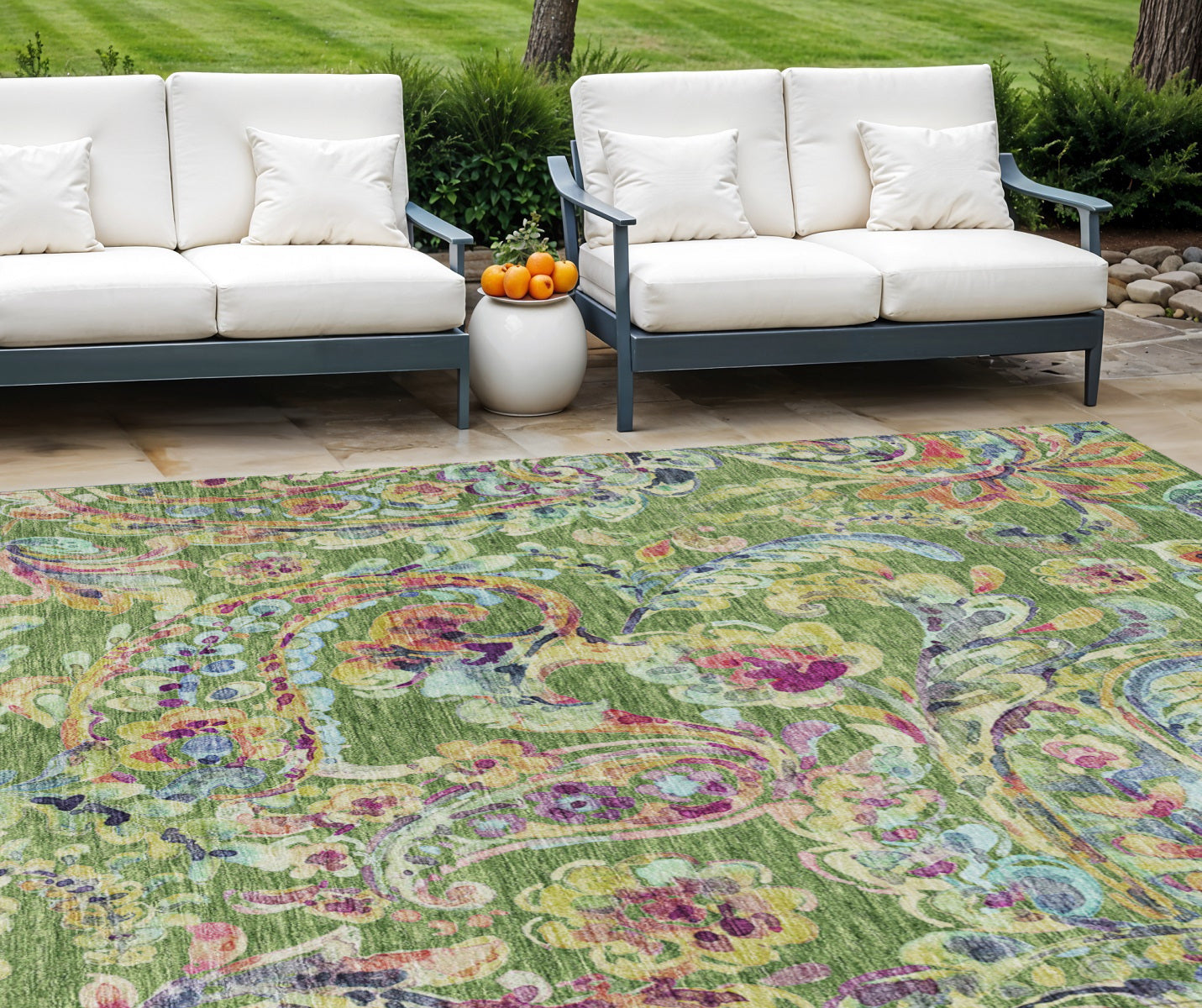 9 X 12 Fern Green And Artichoke Green Paisley Washable Indoor Outdoor Area Rug