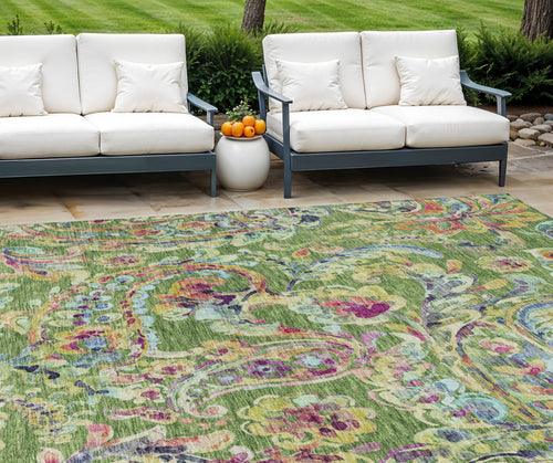 10 X 14 Fern Green And Artichoke Green Paisley Washable Indoor Outdoor Area Rug