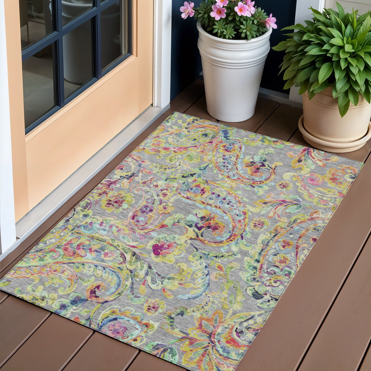 3 X 5 Gray Fern Green And Artichoke Green Paisley Washable Indoor Outdoor Area Rug
