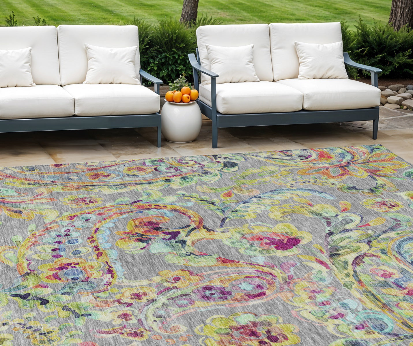 10 X 14 Gray Fern Green And Artichoke Green Paisley Washable Indoor Outdoor Area Rug