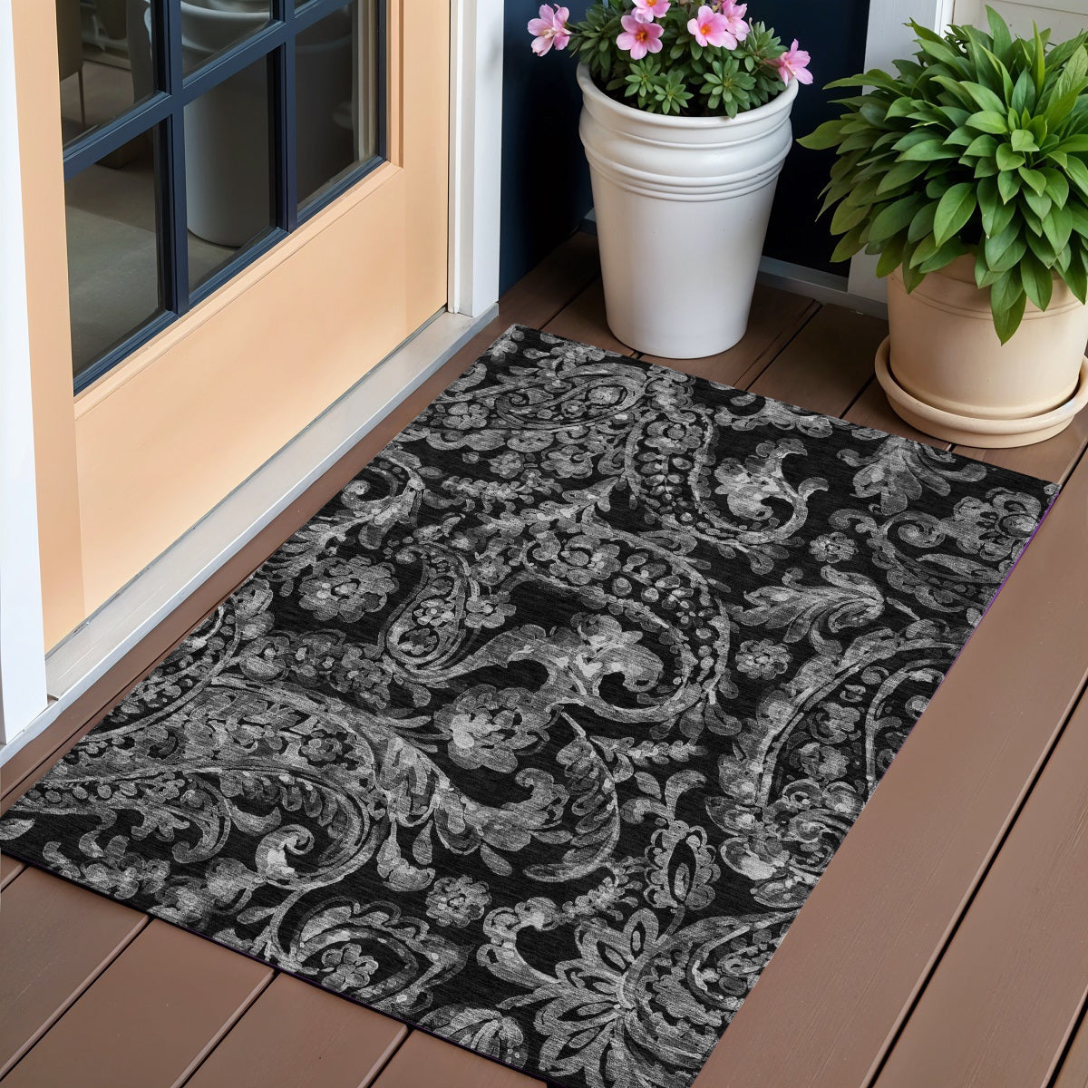 3 X 5 Black Gray And Charcoal Paisley Washable Indoor Outdoor Area Rug