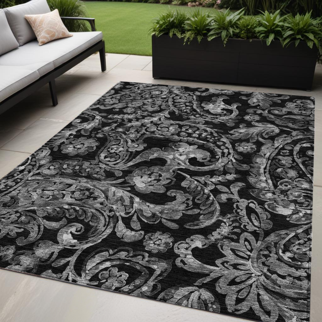 5 X 8 Black Gray And Charcoal Paisley Washable Indoor Outdoor Area Rug