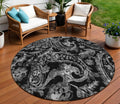 8 Black Gray And Charcoal Round Paisley Washable Indoor Outdoor Area Rug
