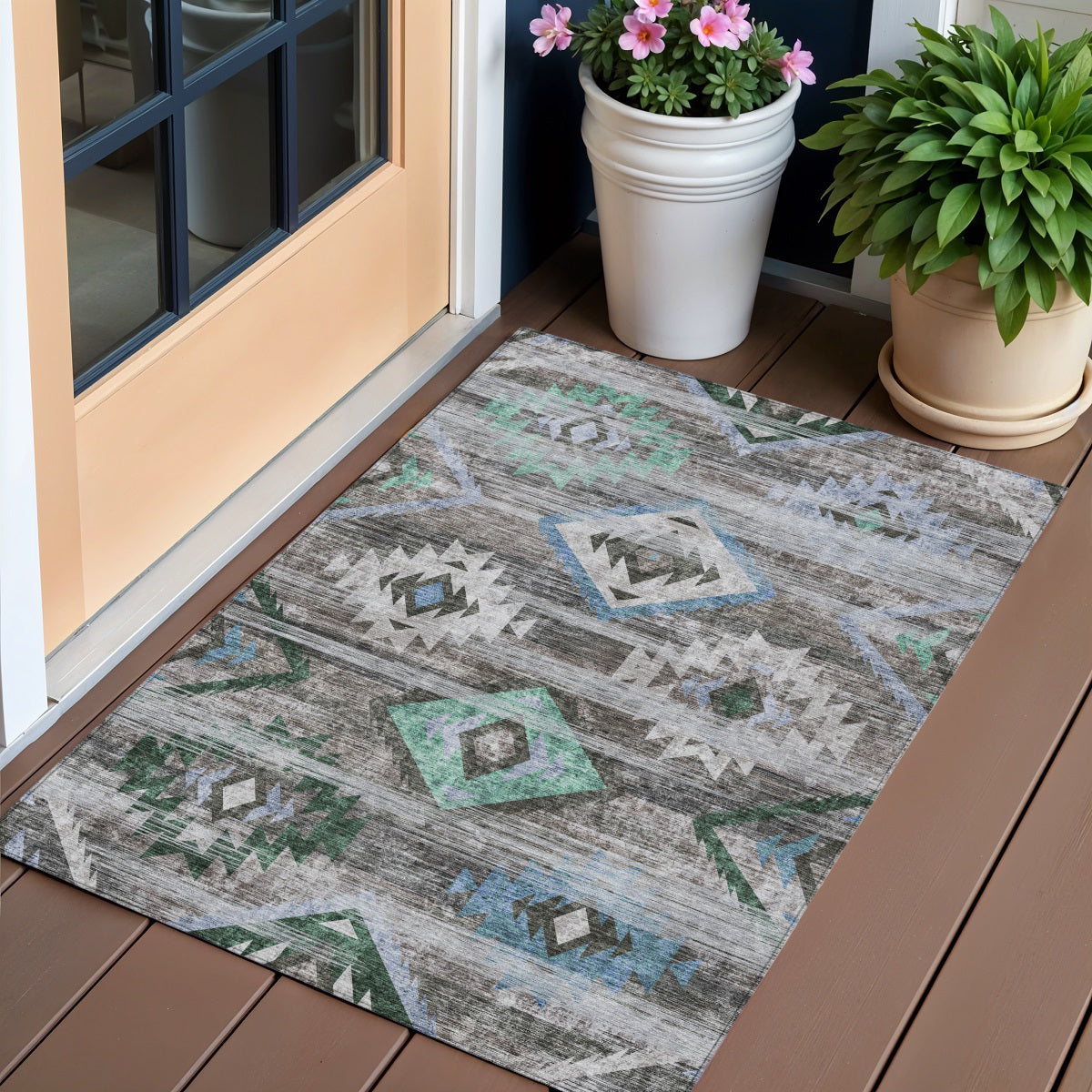 3 X 5 Brown Beige And Blue Southwestern Washable Indoor Outdoor Area Rug