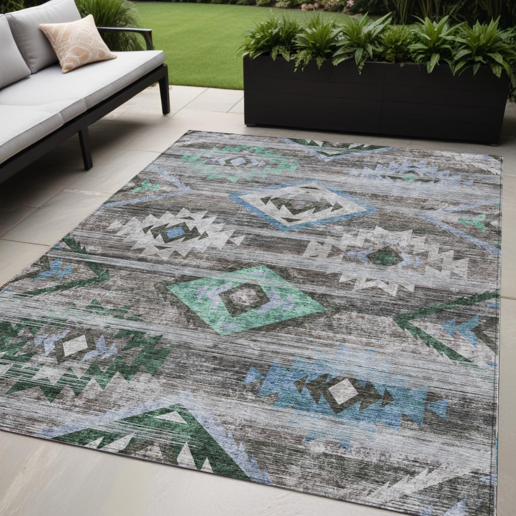5 X 8 Brown Beige And Blue Southwestern Washable Indoor Outdoor Area Rug
