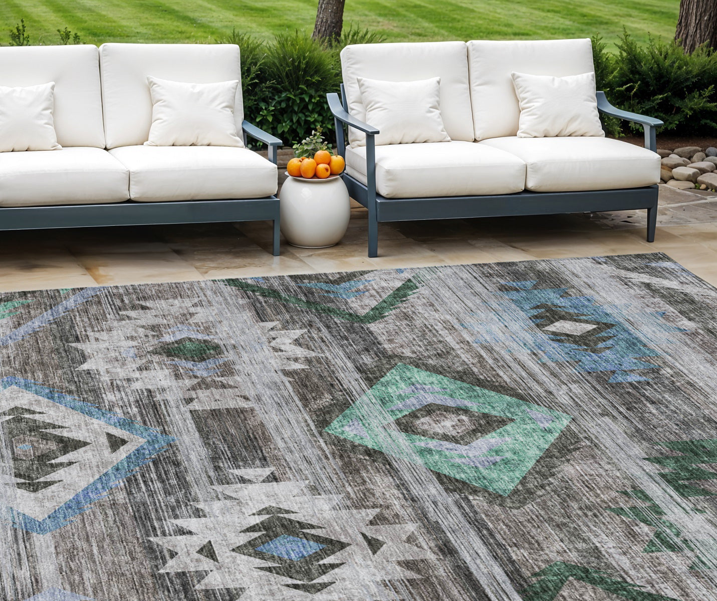 10 X 14 Brown Beige And Blue Southwestern Washable Indoor Outdoor Area Rug