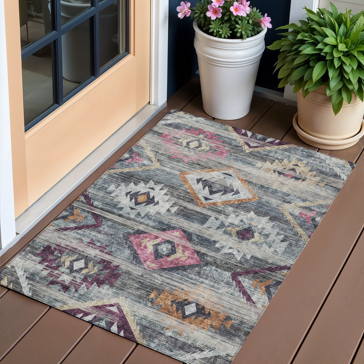 3 X 5 Gray Charcoal And Silver Southwestern Washable Indoor Outdoor Area Rug