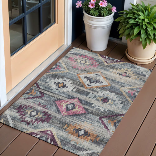 3 X 5 Gray Charcoal And Silver Southwestern Washable Indoor Outdoor Area Rug