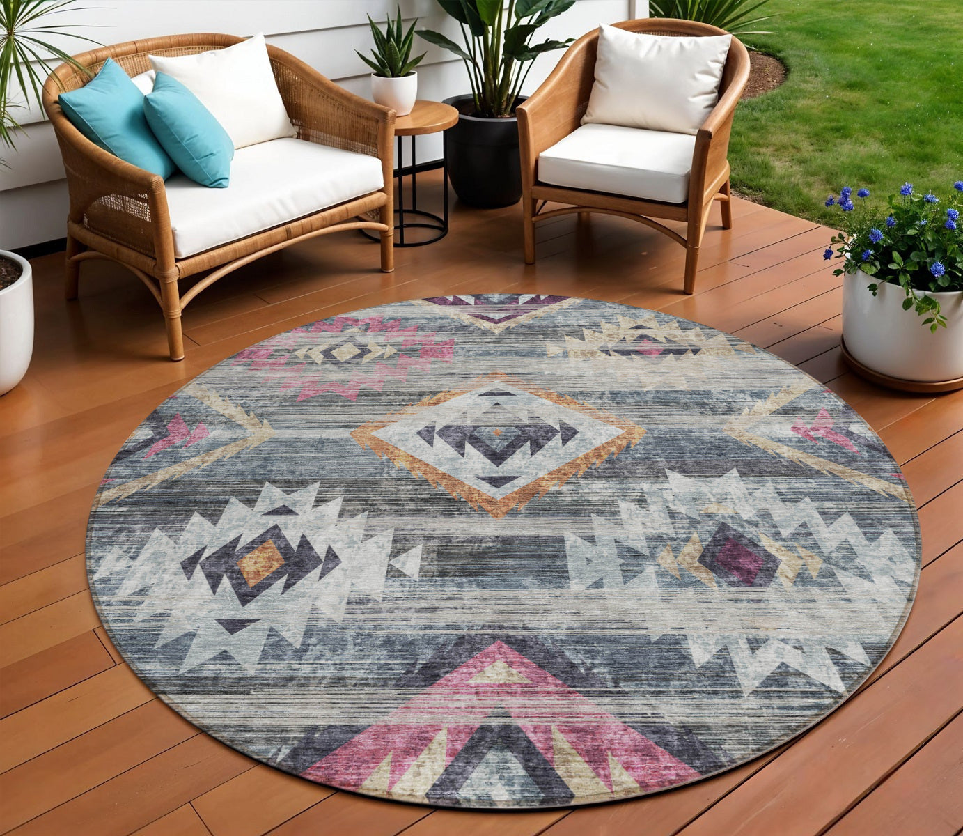 8 Gray Charcoal And Silver Round Southwestern Washable Indoor Outdoor Area Rug