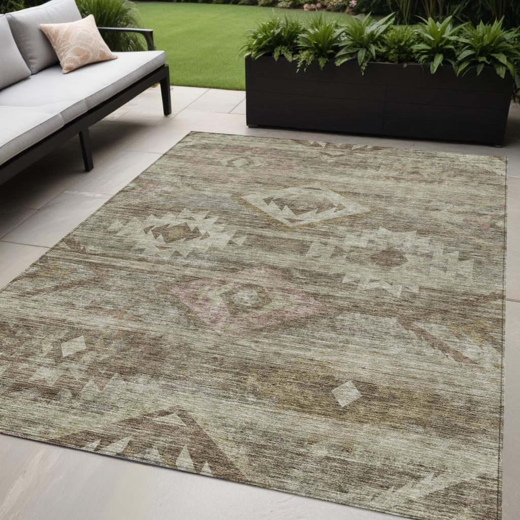 5 X 8 Brown Beige And Tan Southwestern Washable Indoor Outdoor Area Rug