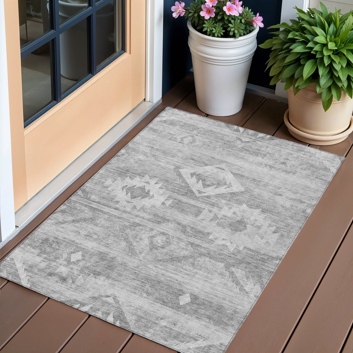 3 X 5 Silver Gray And Charcoal Southwestern Washable Indoor Outdoor Area Rug