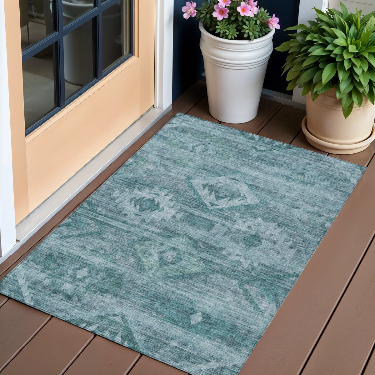 3 X 5 Teal Blue And Aqua Southwestern Washable Indoor Outdoor Area Rug