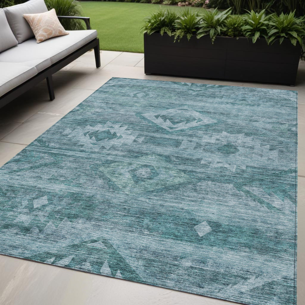 5 X 8 Teal Blue And Aqua Southwestern Washable Indoor Outdoor Area Rug