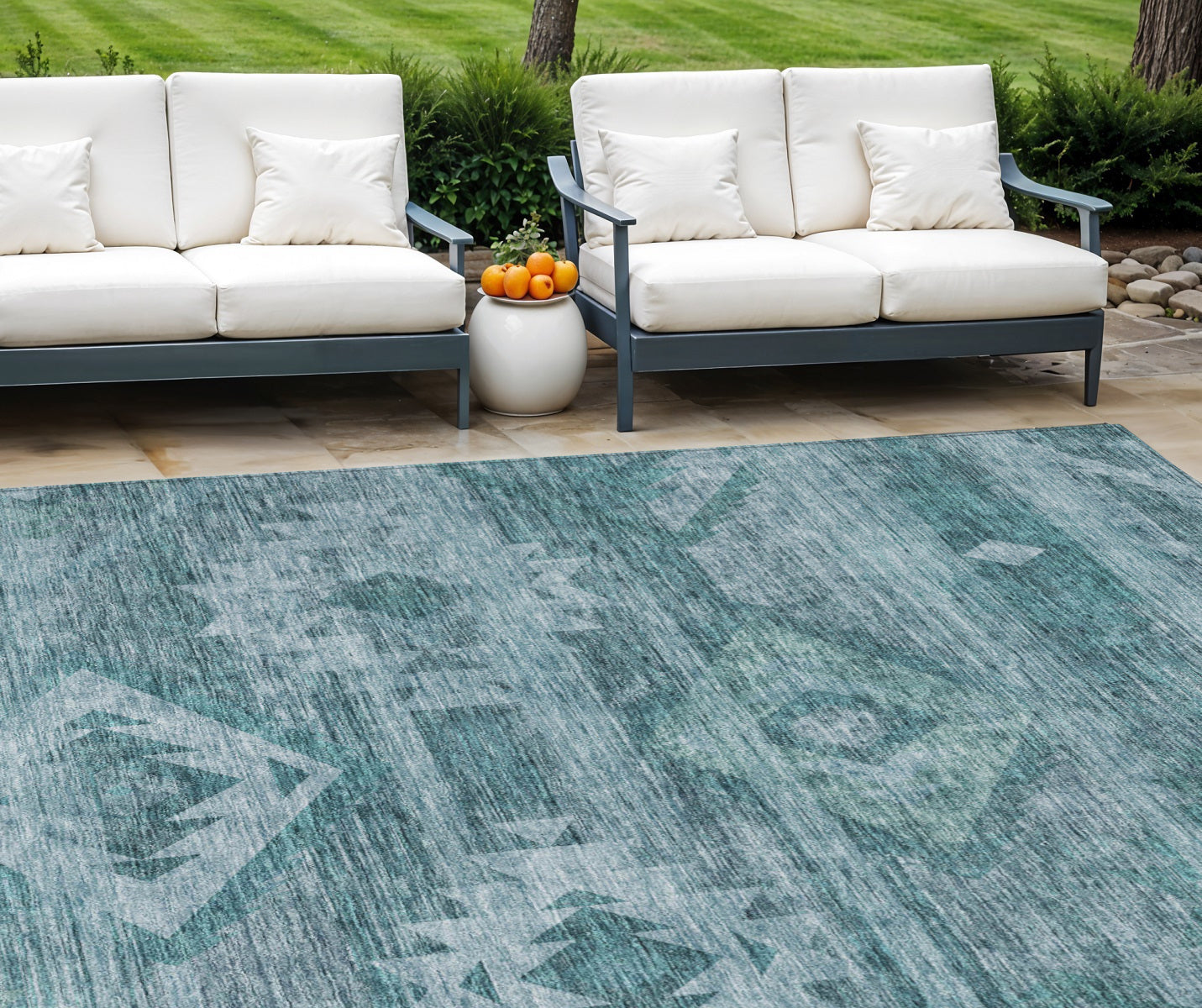 9 X 12 Teal Blue And Aqua Southwestern Washable Indoor Outdoor Area Rug