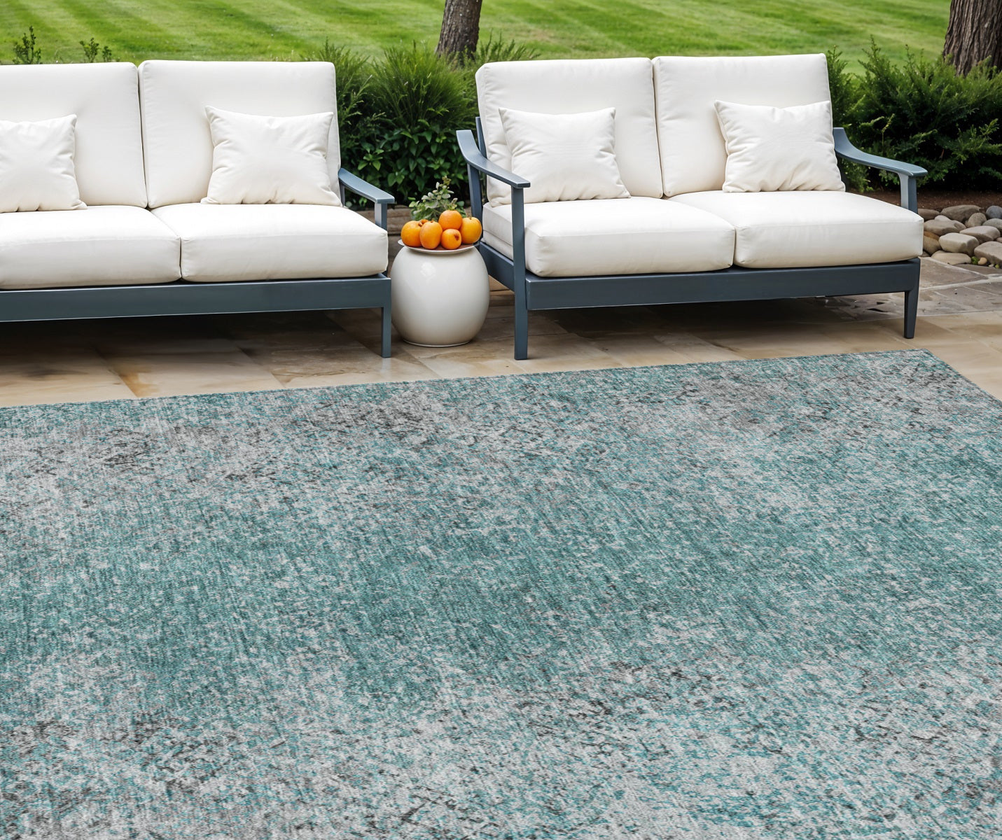 9 X 12 Teal Blue Gray And Charcoal Oriental Washable Indoor Outdoor Area Rug