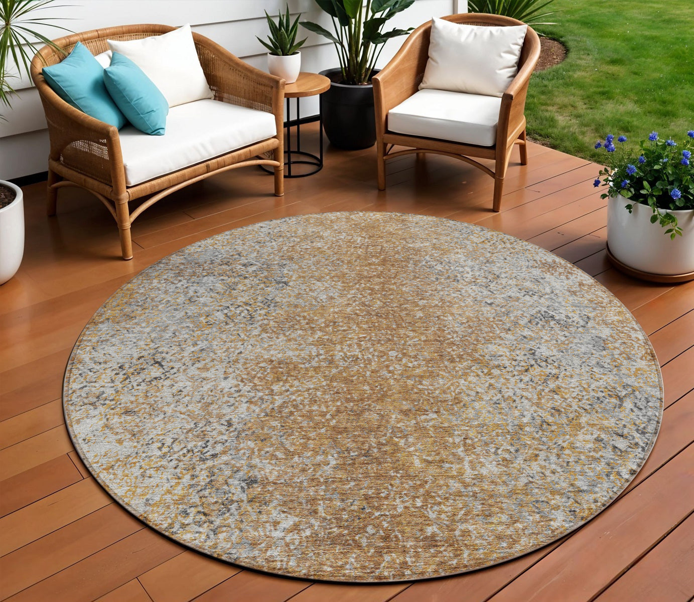8 Terra Cotta Silver And Charcoal Round Oriental Washable Indoor Outdoor Area Rug