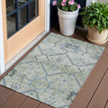 3 X 5 Artichoke Green Denim Blue And Silver Floral Washable Indoor Outdoor Area Rug