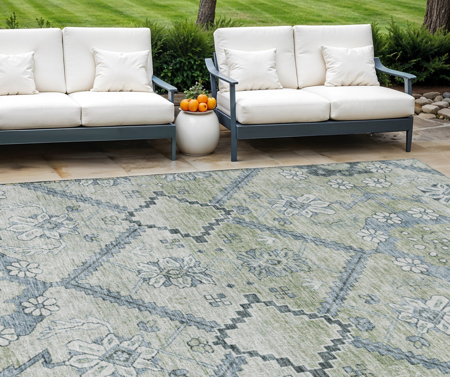 9 X 12 Artichoke Green Denim Blue And Silver Floral Washable Indoor Outdoor Area Rug