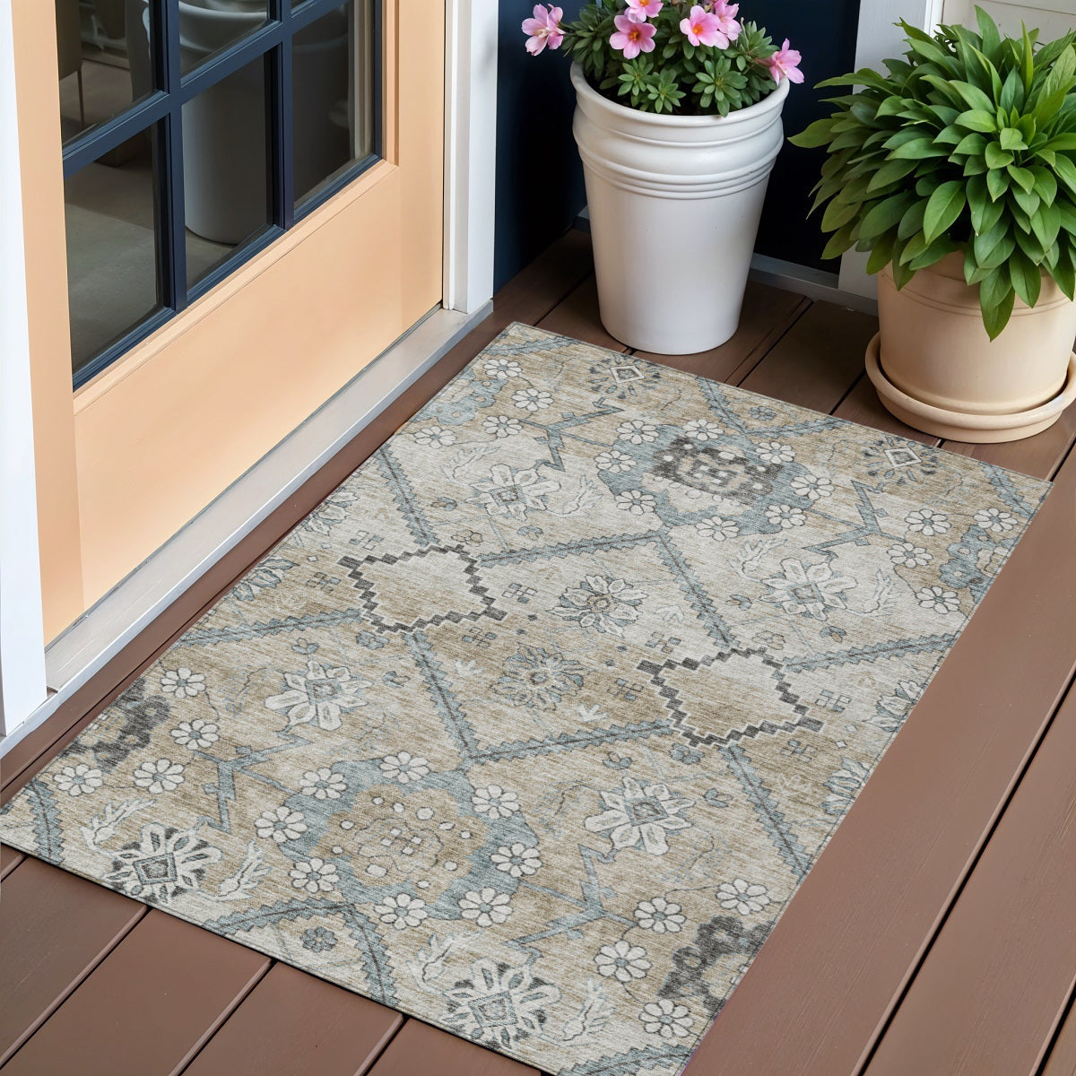 3 X 5 Beige Taupe And Tan Floral Washable Indoor Outdoor Area Rug