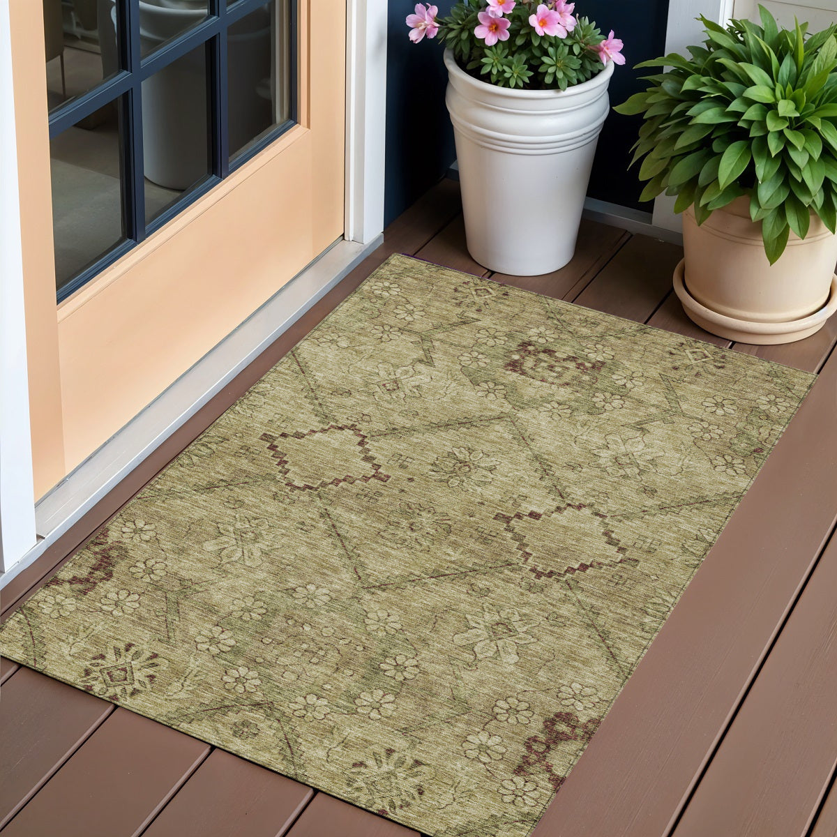 3 X 5 Brown Beige And Artichoke Green Floral Washable Indoor Outdoor Area Rug