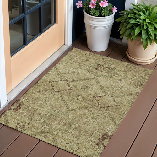 3 X 5 Brown Beige And Artichoke Green Floral Washable Indoor Outdoor Area Rug