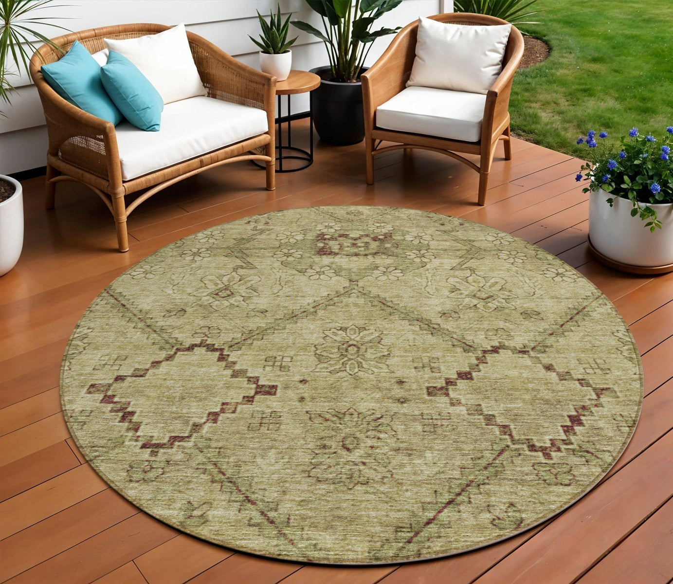 8 Brown Beige And Artichoke Green Round Floral Washable Indoor Outdoor Area Rug