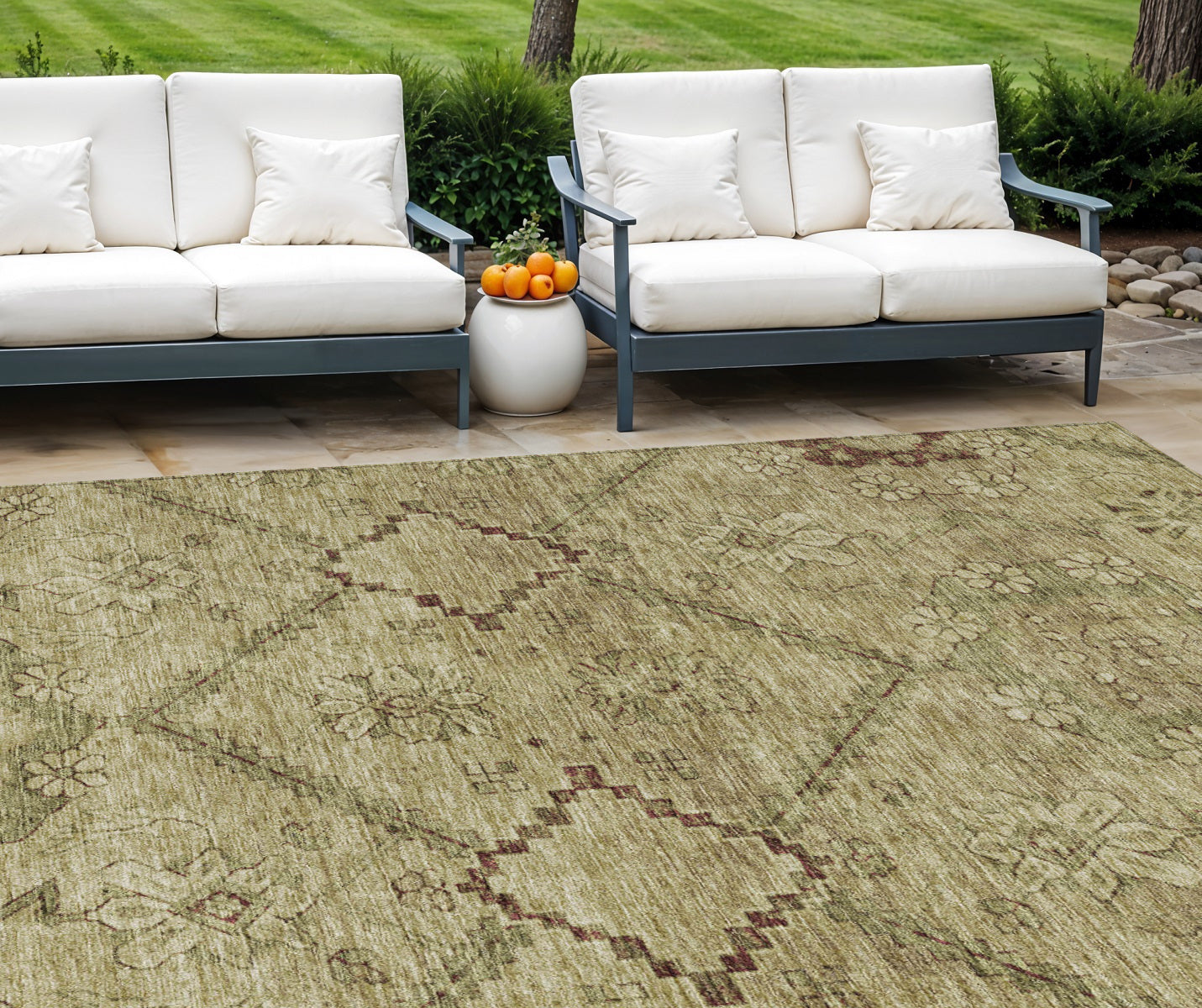 9 X 12 Brown Beige And Artichoke Green Floral Washable Indoor Outdoor Area Rug