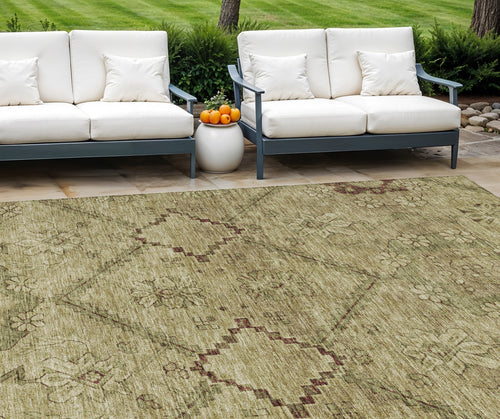 10 X 14 Brown Beige And Artichoke Green Floral Washable Indoor Outdoor Area Rug