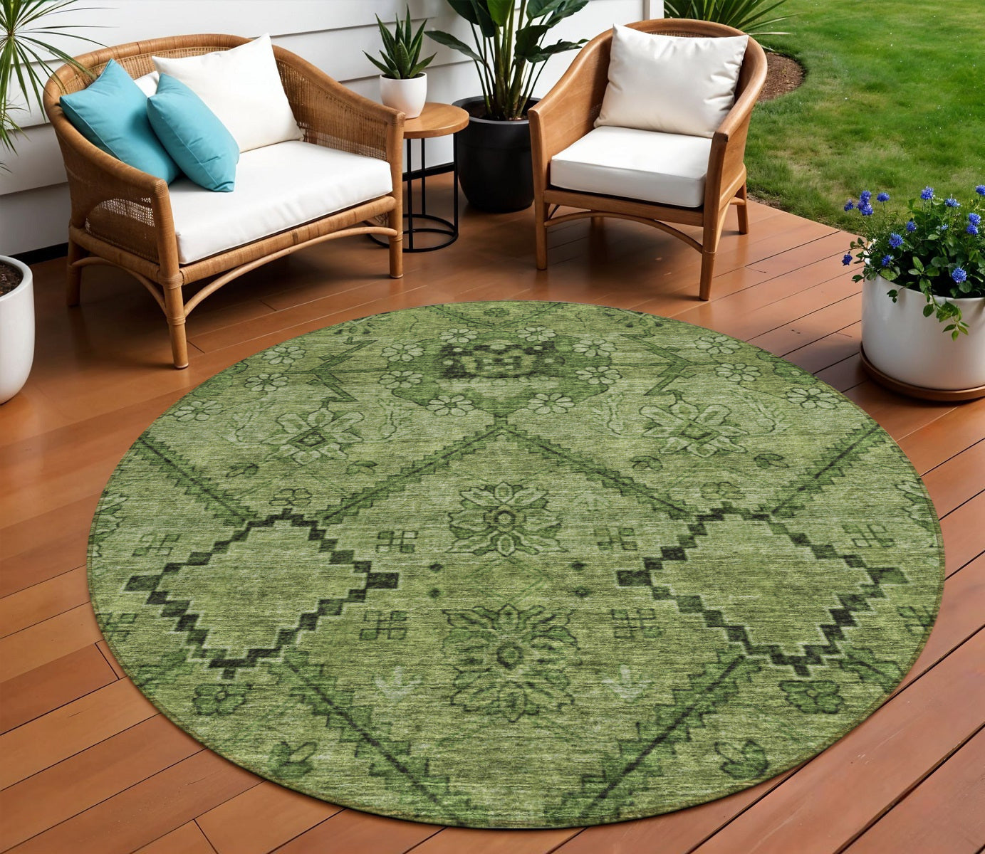 8 Olive Green Fern Green And Artichoke Green Round Floral Washable Indoor Outdoor Area Rug