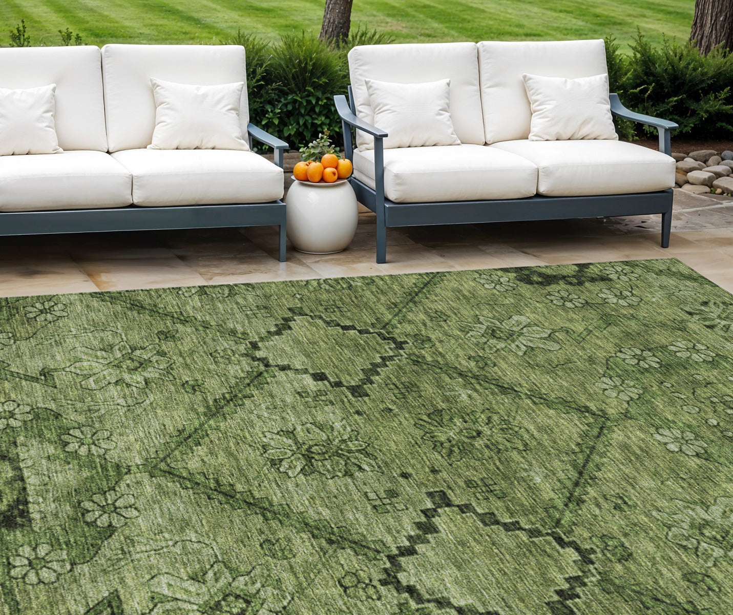 9 X 12 Olive Green Fern Green And Artichoke Green Floral Washable Indoor Outdoor Area Rug