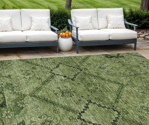 10 X 14 Olive Green Fern Green And Artichoke Green Floral Washable Indoor Outdoor Area Rug