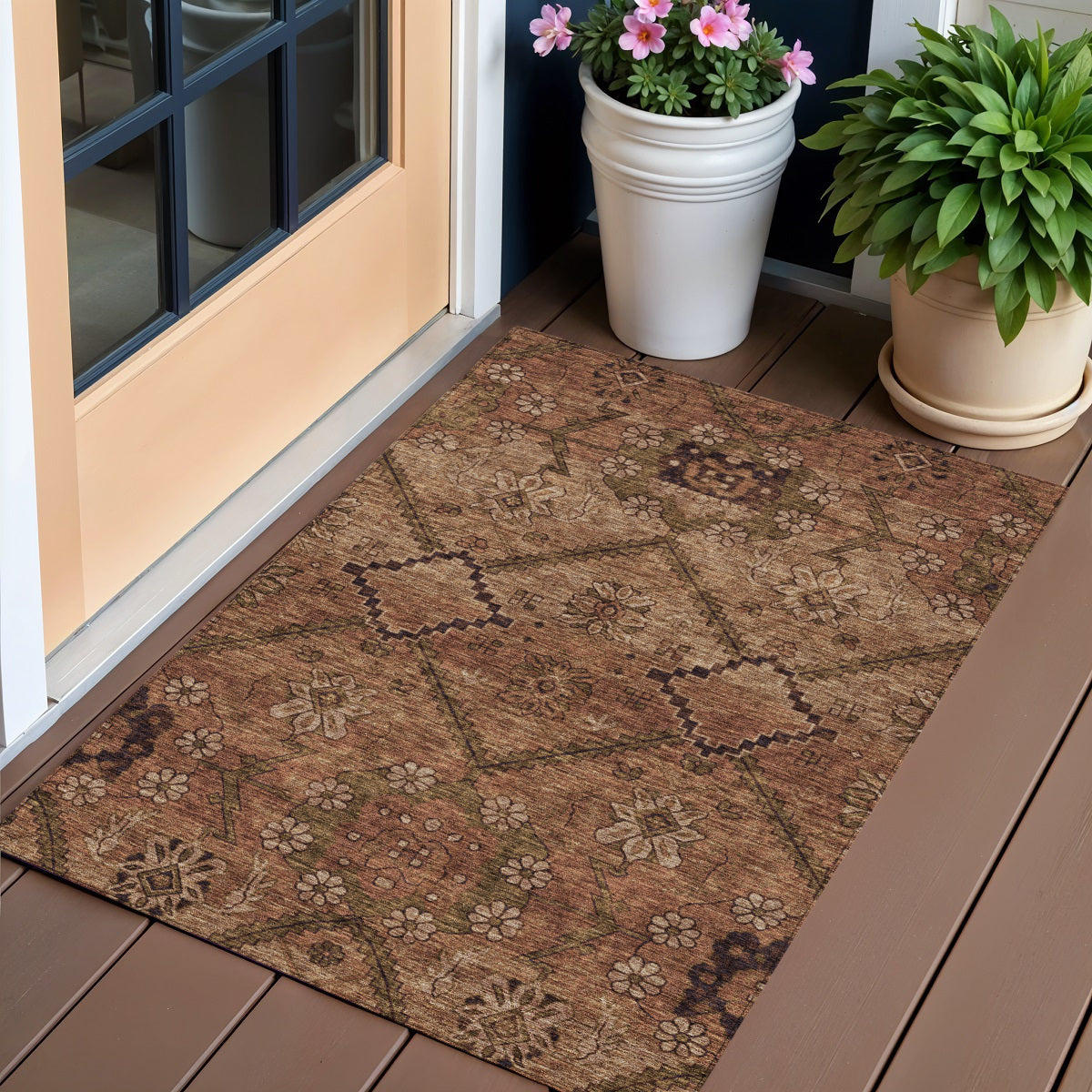 3 X 5 Orange Copper And Brown Floral Washable Indoor Outdoor Area Rug